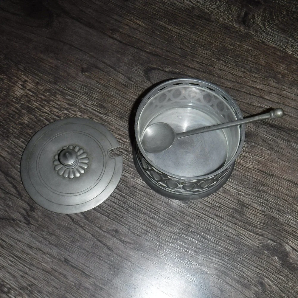 Vintage Pewter Sugar Bowl with Spoon Ornate‎ Lattice Lid